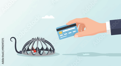Hand holding credit card near a bear trap with a red object inside