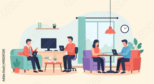 Four people working remotely on laptops in a modern home office