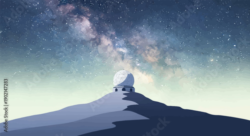 Isolated observatory dome sits atop a hill under a starry night sky
