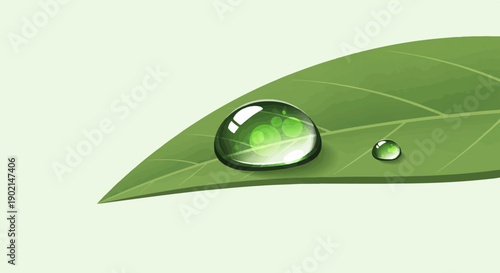 Fresh green leaf with two glistening water droplets on a pale green background