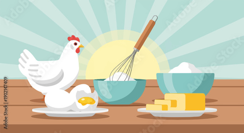 Fresh ingredients for baking chicken, eggs, flour, butter, and whisk