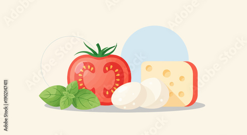 Fresh ingredients for a meal tomato, basil, mozzarella, and cheese