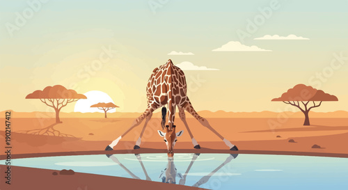 Giraffe bending to drink from watering hole at sunset in savanna