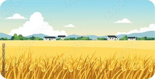 Golden wheat fields stretch towards distant houses under a cloudy sky