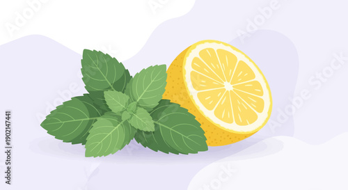 Fresh lemon slice and mint leaves on a soft purple background