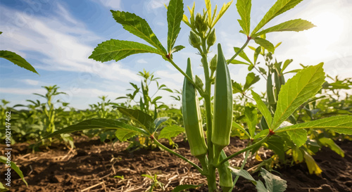 Fresh okra pods growing on plants in a field under a bright sky