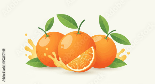 Fresh oranges with leaves and splashing juice, bright and vibrant