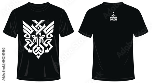 A black t-shirt with a large white tribal eagle design on the front and a small logo on the back, viewed from the front and back on a plain white background