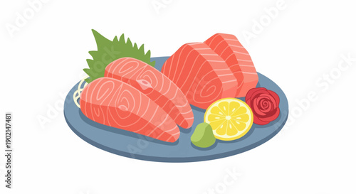 Fresh salmon sashimi served with lemon, wasabi, and ginger on a blue plate