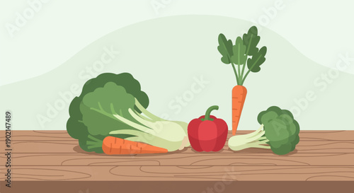 Fresh vegetables including lettuce, carrots, bell pepper, and broccoli arranged on a wooden surface