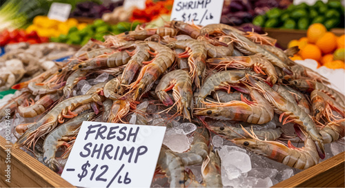 Fresh shrimp on ice at a market with colorful produce in background