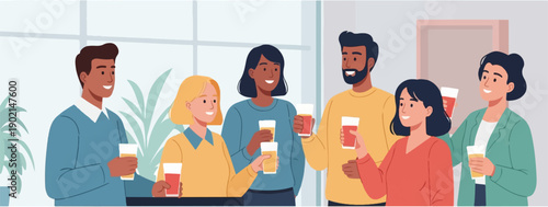 Friends enjoying drinks indoors with plants and large windows