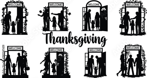Black and white Thanksgiving family welcome silhouettes with text