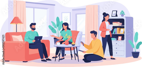 Friends gathered indoors, relaxing with technology and plants