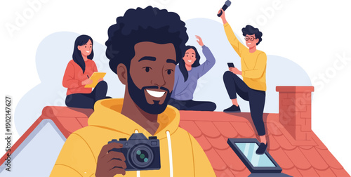 Friends on rooftop, one takes picture, others interact