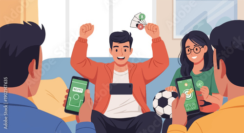 Friends joyfully watch a game, checking scores on their phones