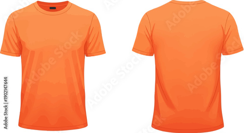 Front and back views of a plain, bright orange t-shirt, isolated on white