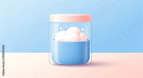 Frothy substance in a glass container with a pink lid against a pastel background