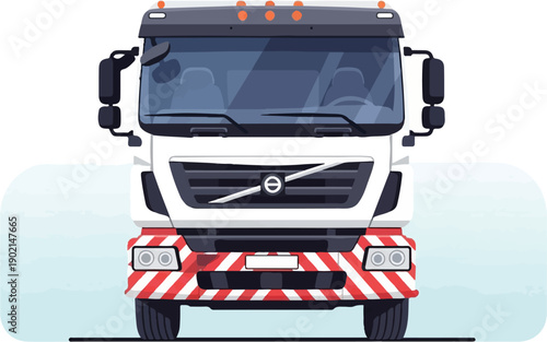 Front view of a white tow truck with orange lights and red-white stripes