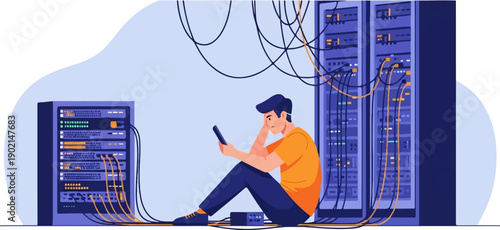 Frustrated man sits amidst tangled wires and server racks, holding his phone