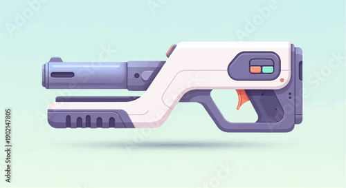 Futuristic pixel art blaster with a sleek white and purple design