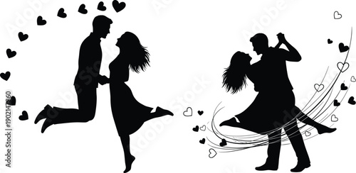Silhouette couples dancing with hearts and swirls background romantic love