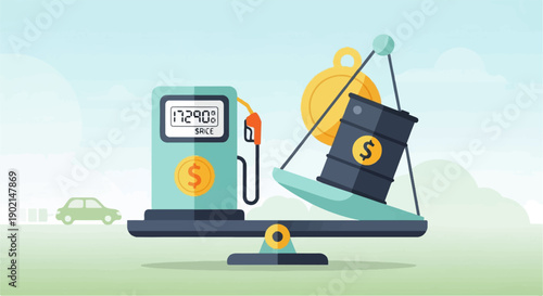 Gas pump, scale balancing oil barrel against gold coin, car in distance