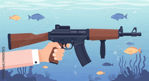 Hand holding rifle underwater with fish and coral in bright blue ocean