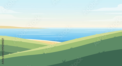 Gentle green hills meet a calm blue ocean under a hazy sky
