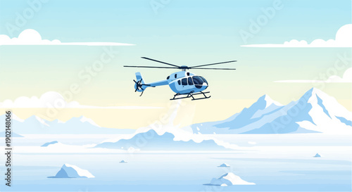 Light blue helicopter flies over snowy mountains under cloudy sky