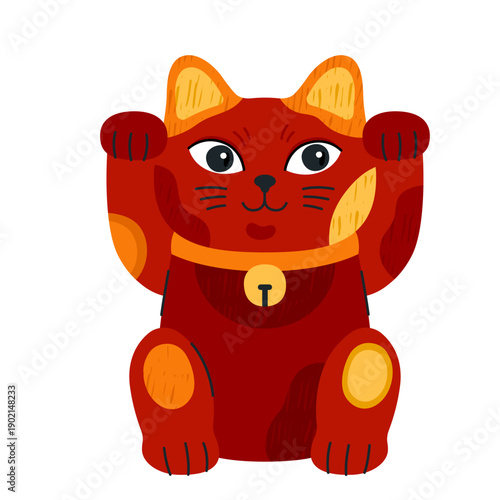 Lucky cat, Maneki neko. Japanese figurine, cute cartoon Asian character, fortune symbol. Red porcelain kitten with waving paws, symbol of money, prosperity and wealth. 