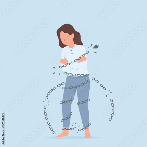 Flat vector illustration of a woman surrounded by broken chains symbolizing domestic violence, abuse, and emotional oppression.