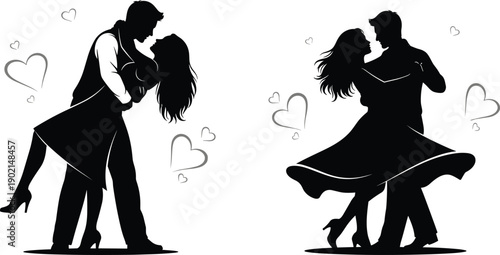 Silhouettes of couples dancing with hearts in the background romance love