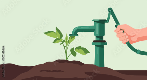 Hand operates antique water pump to nurture a small green plant