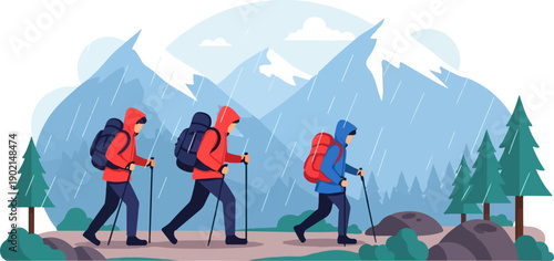 Hikers in red and blue gear trek through rain-swept mountains with backpacks