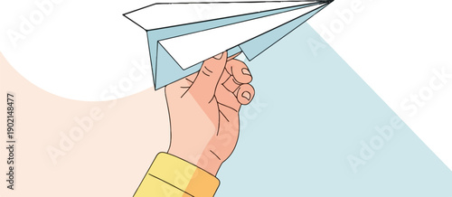 Hand launching a simple paper airplane against a pale, split background