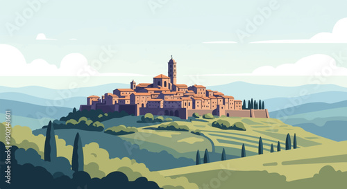 Hilltop Italian village with rolling green hills and distant blue mountains
