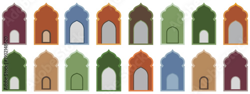 Old mosque windows shape in oriental style, Islamic door set, flat Arabic frames, Arabian arches silhouette, Moroccan geometric design.