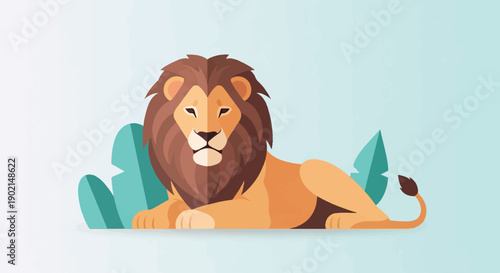 Majestic lion resting in a lush green foliage background