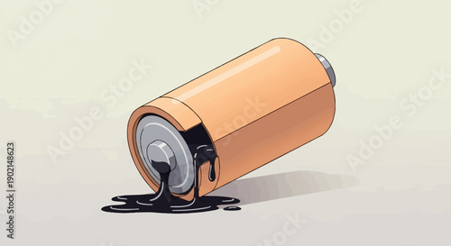 Leaking cylindrical battery with black fluid dripping onto a light background