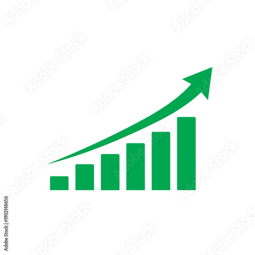 Green vertical bar column representing rising statistics is overlaid with a curved line pointing to the upper right corner.