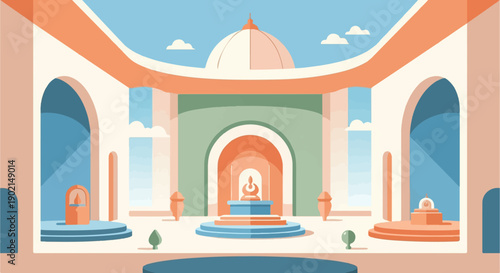 Geometric sanctuary with serene seated figure and flowing architectural lines