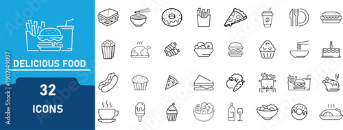 Delicious Food Line Art Icon Set. Contains icon related to  Fast Food, Desserts, Drinks, Bakery, Snacks and Restaurant Menu Items. Editable Stroke Outline Icons. Vector Illustration
