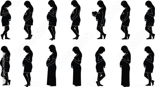 Silhouettes of Pregnant Women in Various Poses and Outfits pregnancy black and white