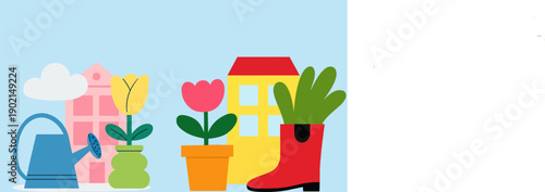 Spring Gardening Illustration with Watering Can, Flowers and Rubber Boots