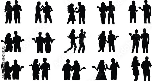Silhouettes of people socializing and holding drinks at a party