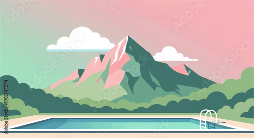 Geometric mountains meet a cool swimming pool under a pastel sky