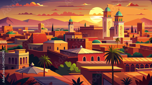 Very beautiful panoramic sunset view of Marrakech and the old medina, with warm sky colors, historic rooftops, and the timeless atmosphere of Morocco’s red city.