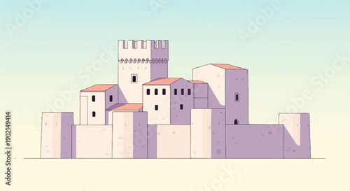 Minimalist castle complex with crenelated towers against a pastel sky
