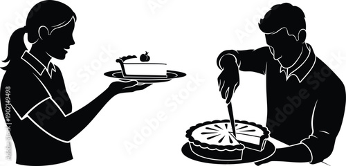 Two women preparing and serving a pie with a knife and a plate